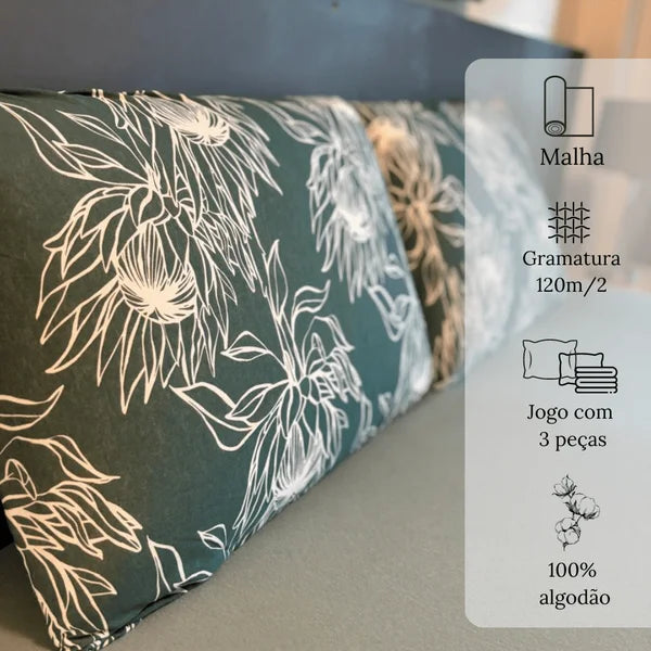 Jogo de Lençol com 3 Peças 100% Algodão com elástico na borda - Green